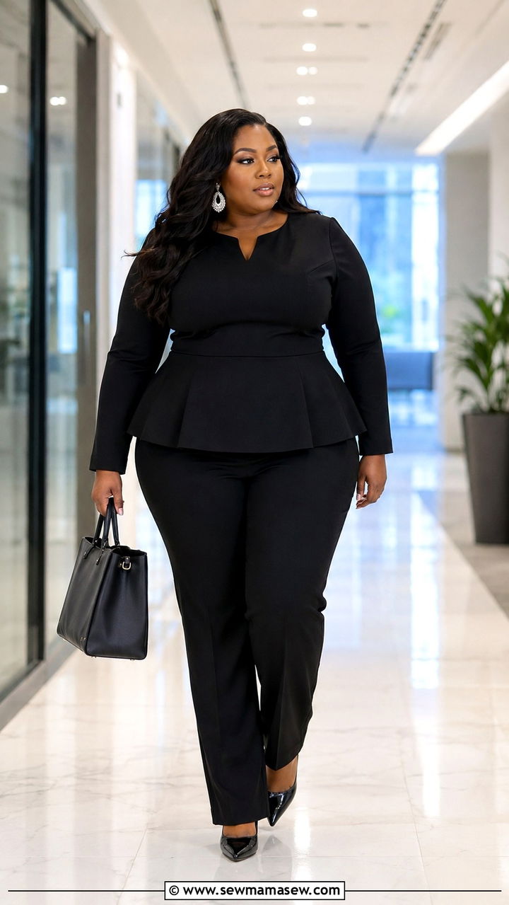 All Black Peplum Set Outfit - 30 plus size office outfit ideas