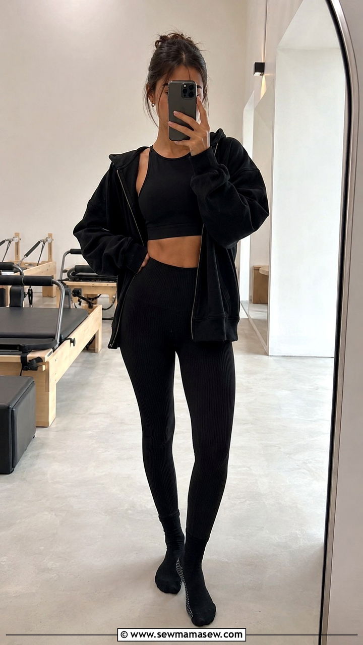 All Black Pilates Outfit With Crew Grip Socks - 25 Pilates outfit ideas with socks