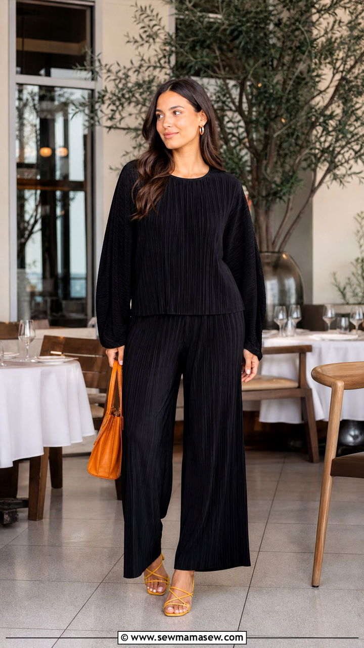 All Black Pleated Ensemble With A Pop Of Color - 40 Brunch outfit ideas