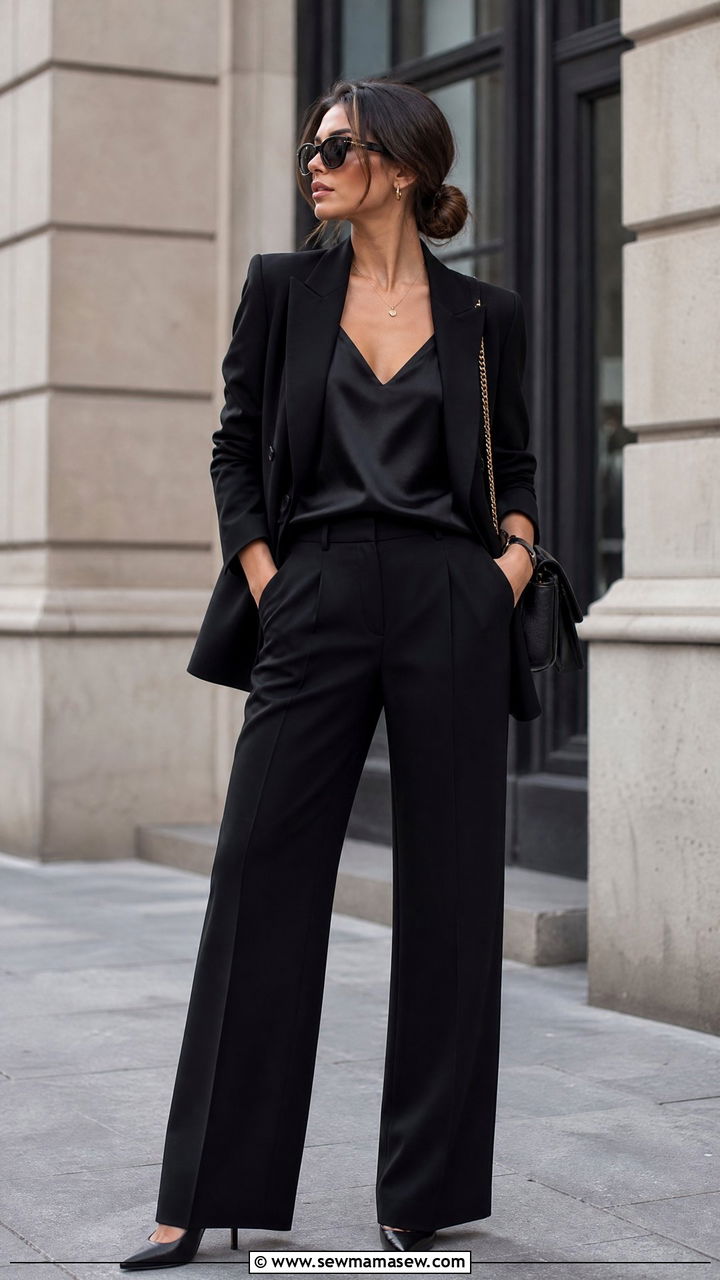 All Black Power Suit With Pointed Heels - 30 Dark feminine outfit ideas