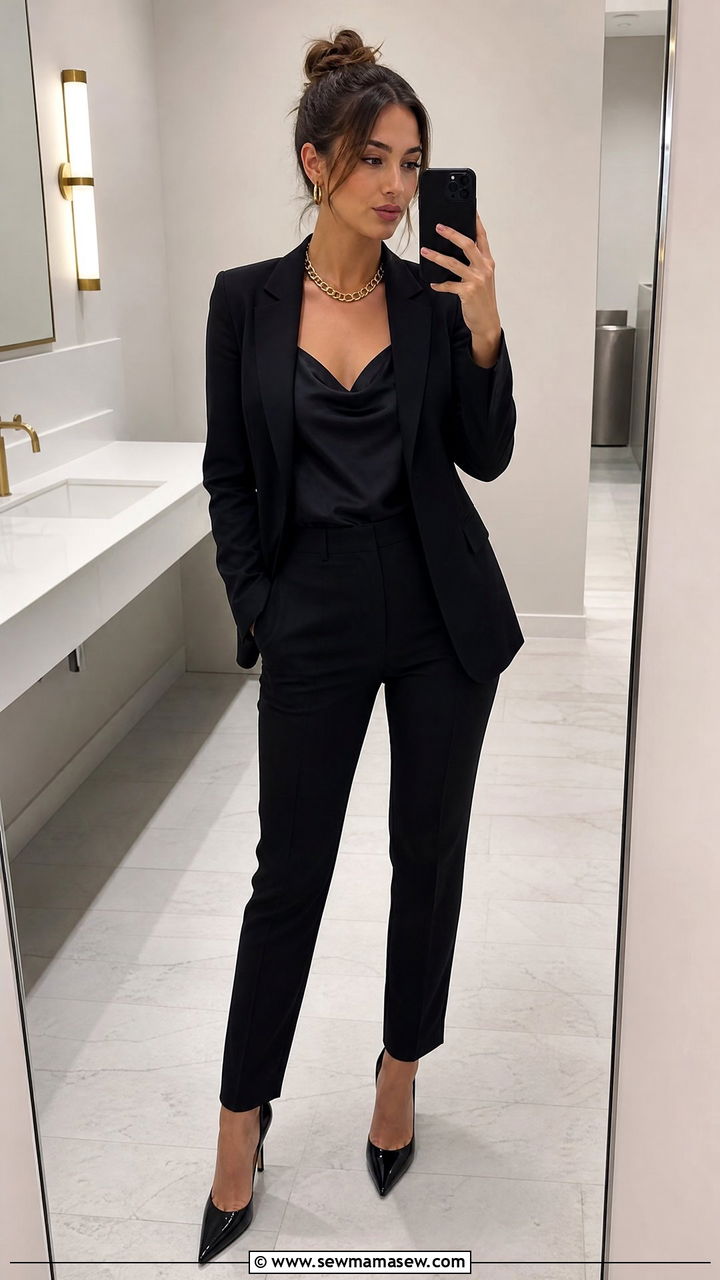 All Black Power Suit with Gold Jewelry - 30 Marketing manager outfit ideas