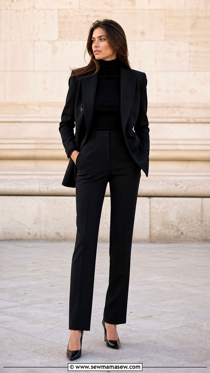 All Black Power Suit with Turtleneck - 40 classy office outfit ideas