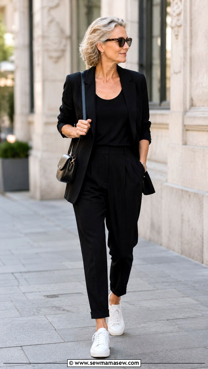 All Black Relaxed Suit With Sneakers - 30 Minimalist outfit ideas for women over 50
