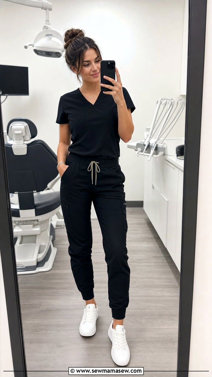All Black Scrub Set With White Sneakers - 25 Dental assistant outfit ideas