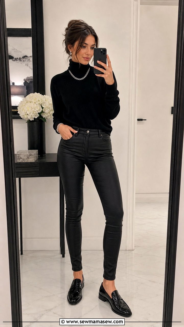 All Black Skinny Jeans with Turtleneck and Loafers - 25 Skinny jeans outfit ideas with loafers