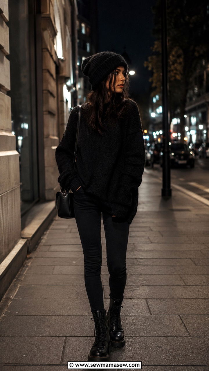 All Black Slouchy Sweater And Combat Boots Outfit - 30 Indie outfit ideas