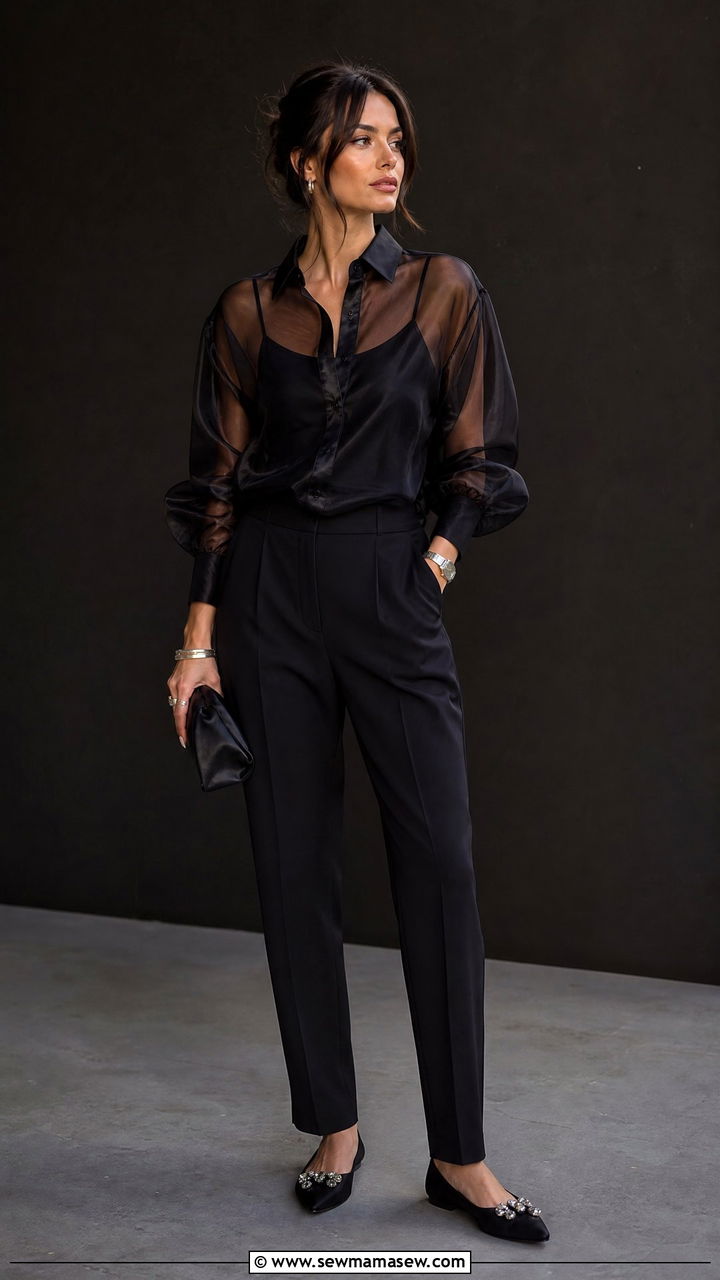 All Black Spring Outfit With Sheer Details And Ballet Flats - 40 Spring outfit ideas