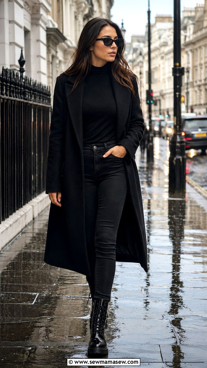 All Black Street Style with Combat Boots - 20 rainy day outfits 2026