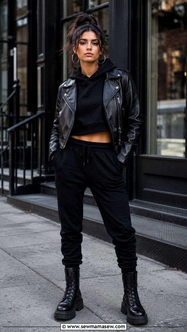 All Black Sweatsuit With Leather Jacket - 30 Sweatsuit outfit ideas women