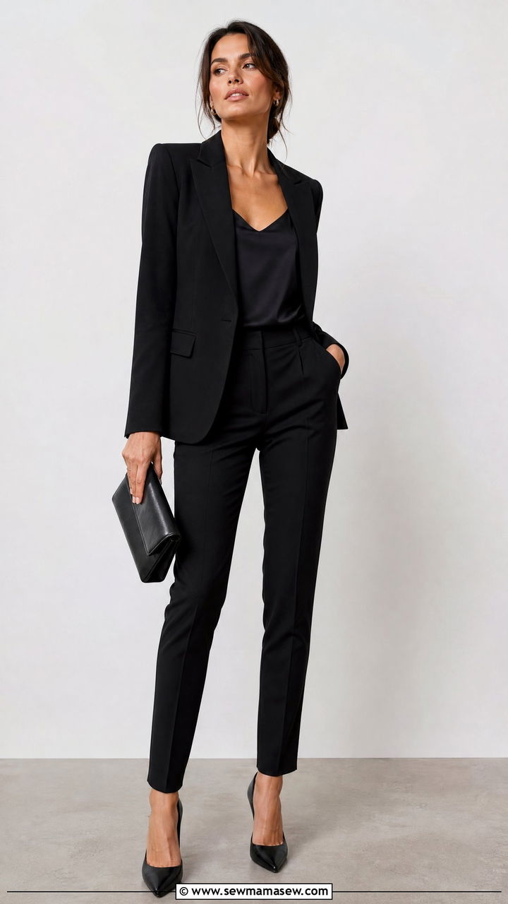 All Black Tailored Suit With Pointed Toe Heels - 35 Minimalist work outfits