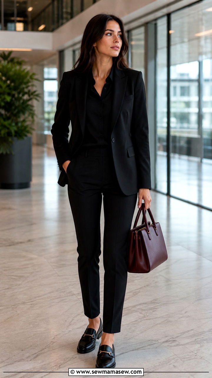 All Black Tailored Suit With a Pop of Color Bag - 40 First day of work outfits