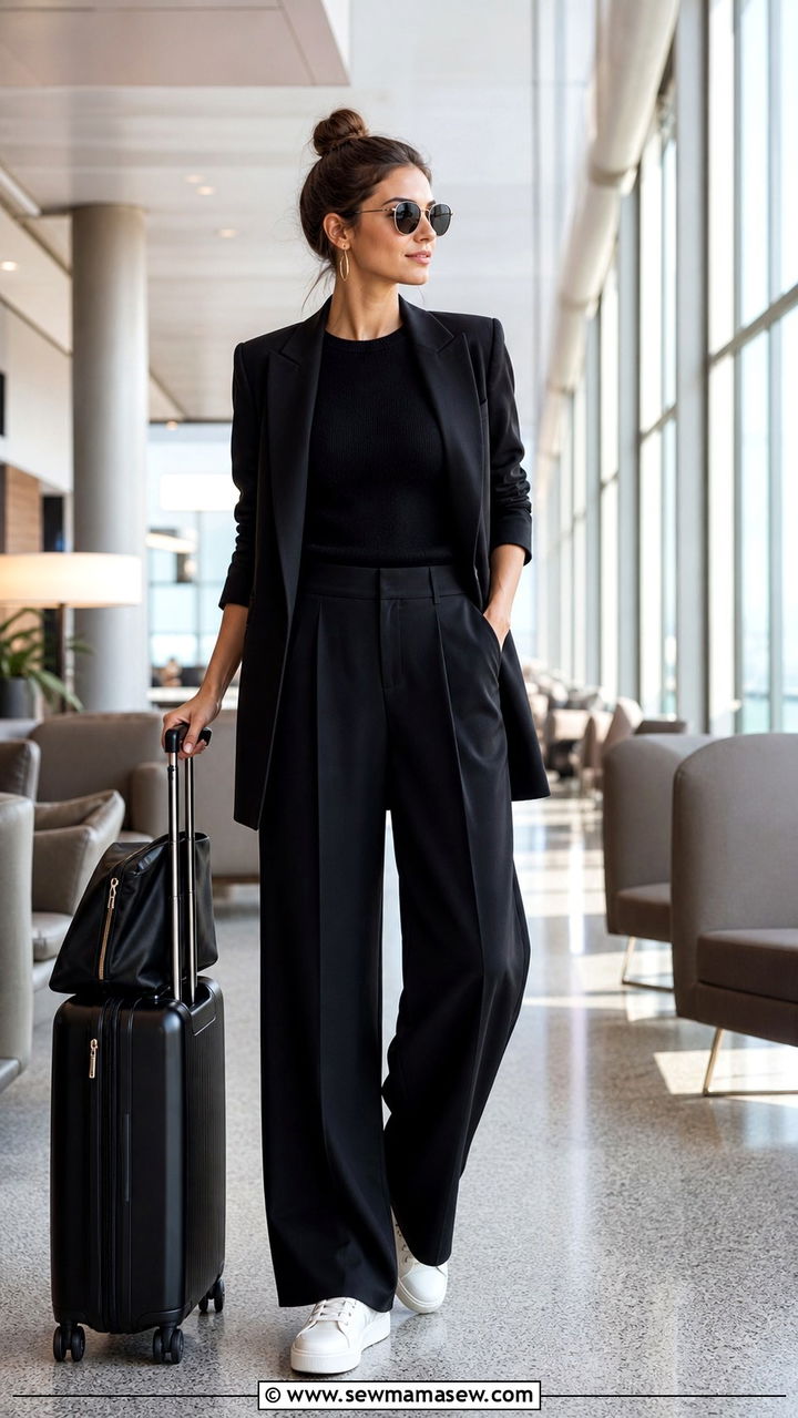 All Black Tailored Trousers With Knit Top - 40 summer airport outfit ideas