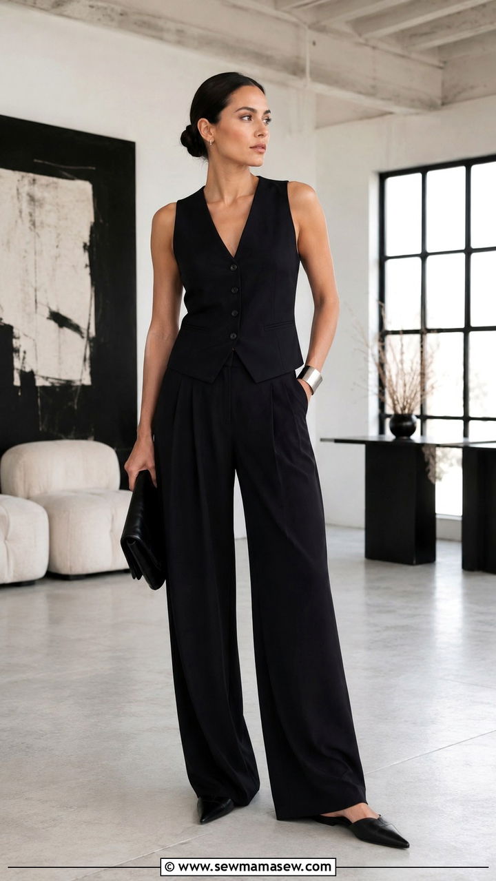 All Black Tailored Vest With Wide Leg Pants Outfit - 25 Personal shopper outfit ideas