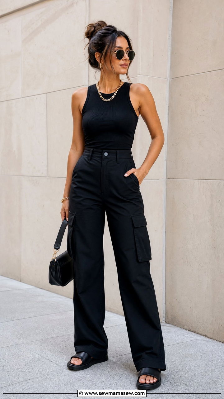All Black Tank and Cargo Pants With Gold Jewelry and Round Sunglasses - 35 Gigi Hadid summer outfit ideas