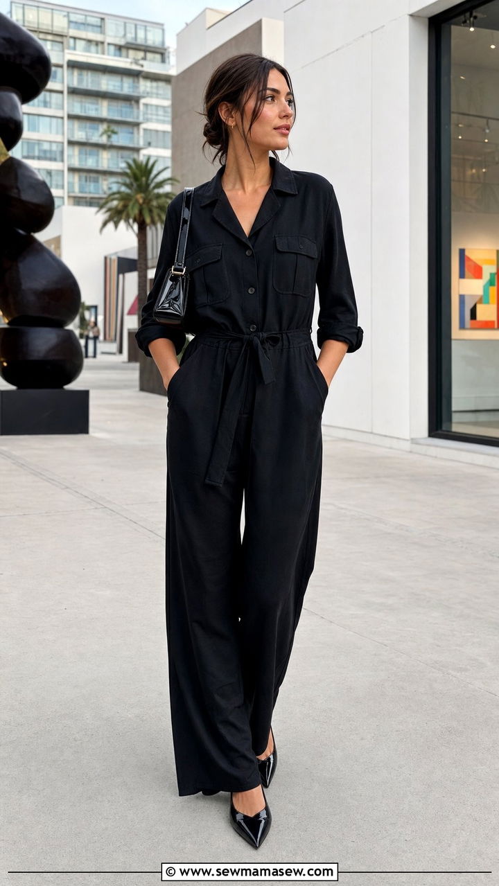 All Black Tencel Jumpsuit with Patent Leather Pointed Flats Outfit - 25 Summer minimalist outfits 2026