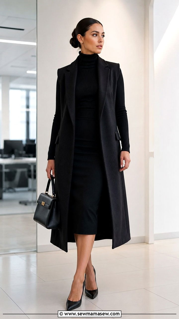 All Black Textured Ensemble with a Long Sleeveless Coat - 25 work outfits Pinterest