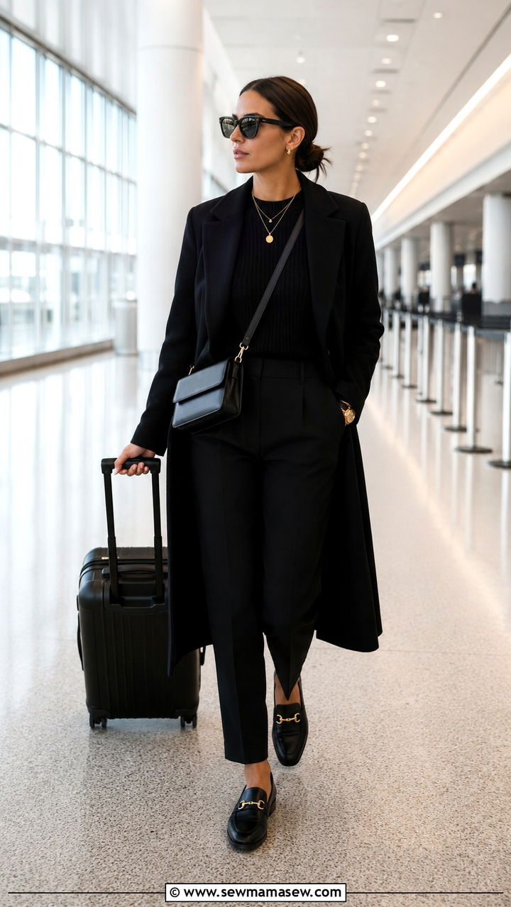 All Black Travel Look With Gold Accessories - 25 travel outfits aesthetic