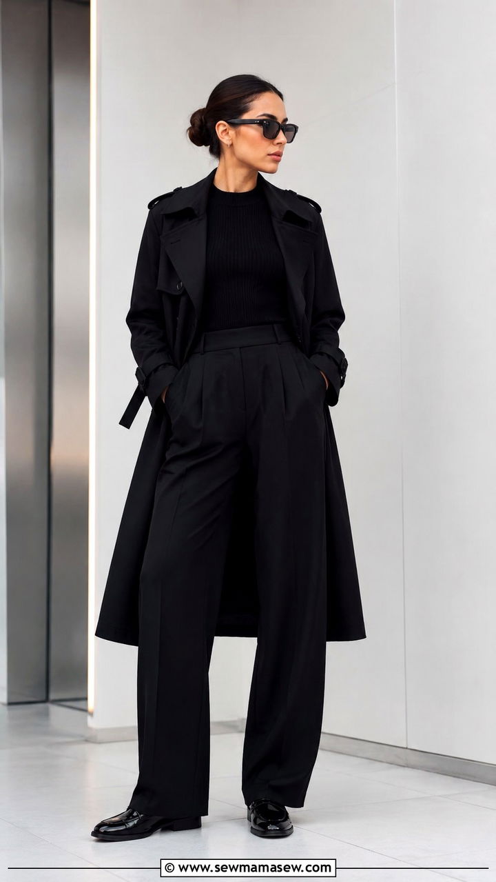 All Black Trench Coat with Wide Leg Pants Monochrome - 25 Black trench coat outfit ideas with wide leg pants