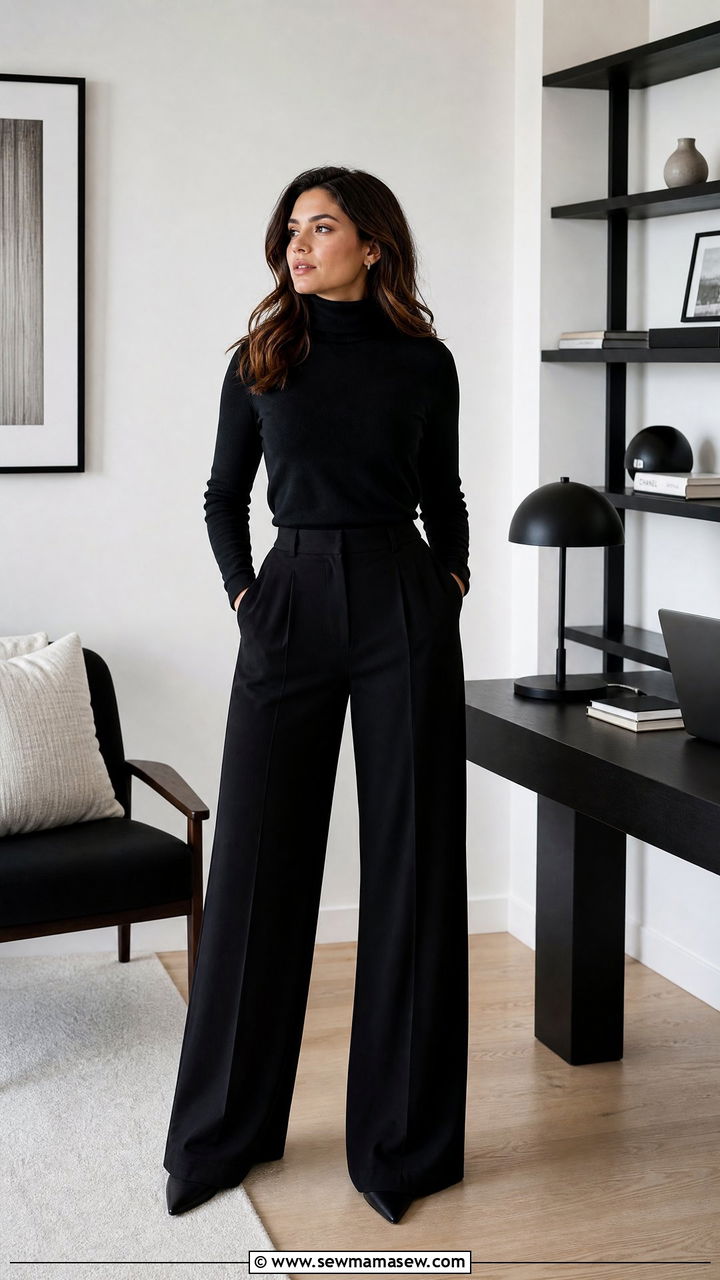 All Black Turtleneck With Wide Leg Trousers Outfit - 40 Work from home outfits