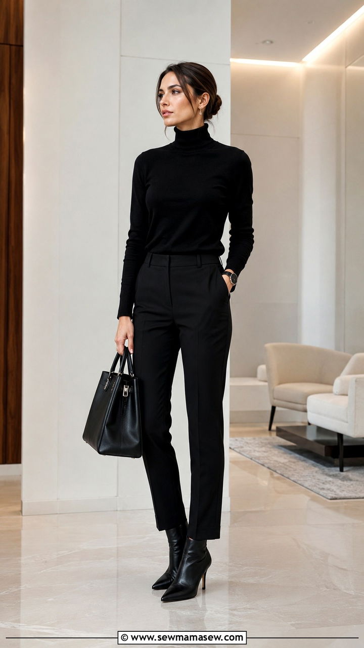 All Black Turtleneck and Trousers Minimalist MBA Outfit - 30 MBA student outfit ideas