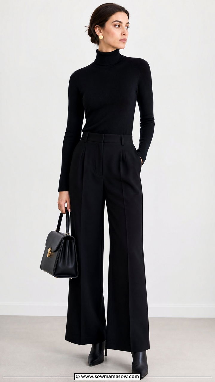 All Black Turtleneck and Wide Leg Trousers Office Outfit - 35 Minimalist work outfit ideas