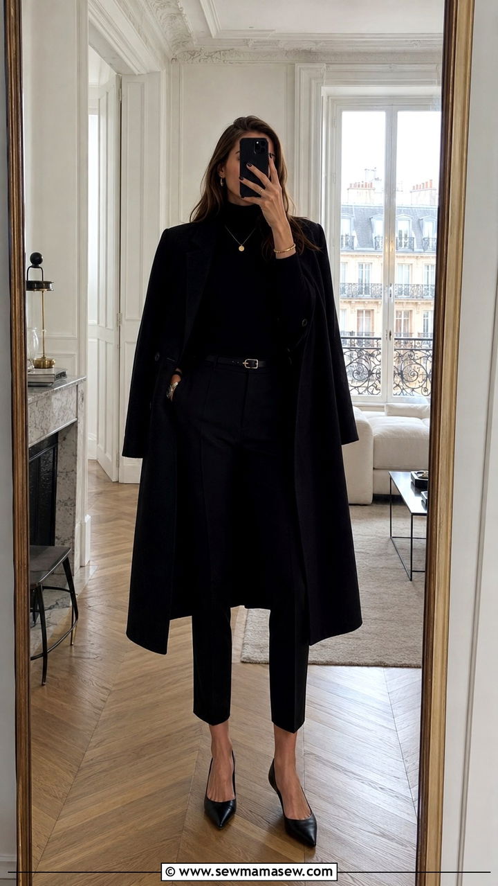 All Black Turtleneck with Cigarette Pants and Pointed Flats - 25 Parisian outfits for tall women
