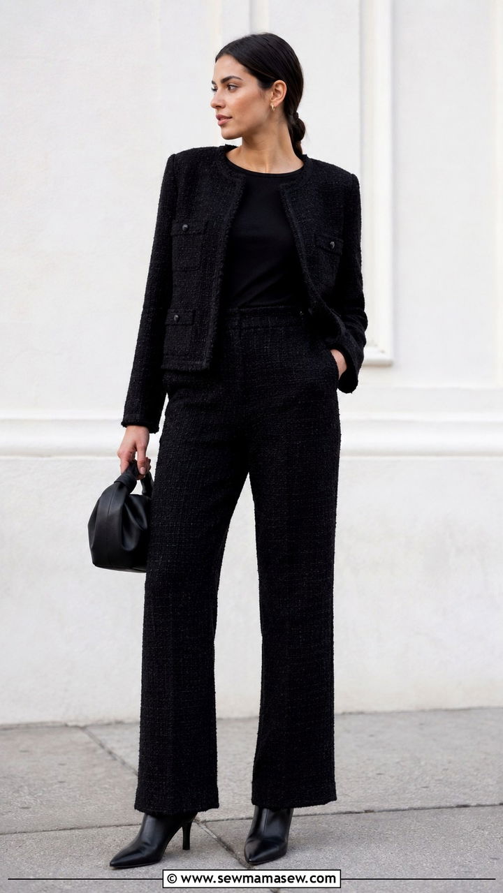 All Black Tweed Jacket And Trousers Combo - 20 French girl outfit ideas Caroline de Maigret