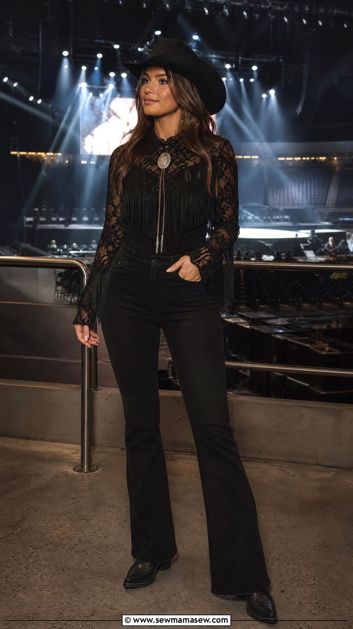 All Black Western Look with Fringe Details and Leather Boots - 30 Luke Bryan concert outfit ideas