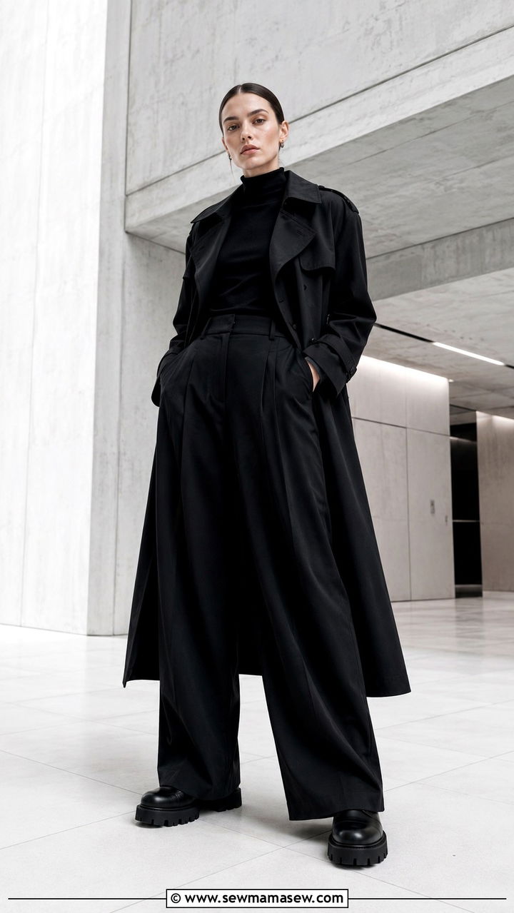 All Black Wide Leg Pants with Black Trench Coat Outfit - 25 Wide leg black pants outfit ideas with a trench coat