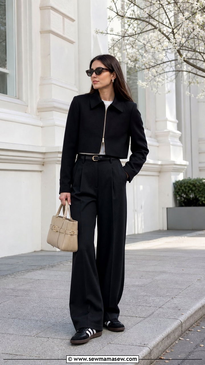 All Black Wide Leg Trousers With Cropped Jacket And Black Sambas - 25 spring outfits with adidas sambas