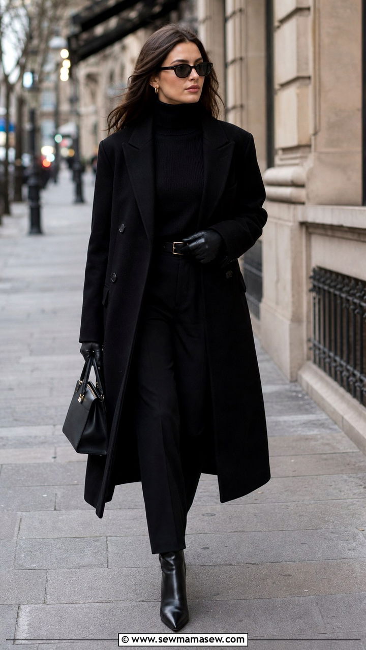 All Black Winter Layers With A Wool Coat And Leather Gloves - 40 vacation outfits