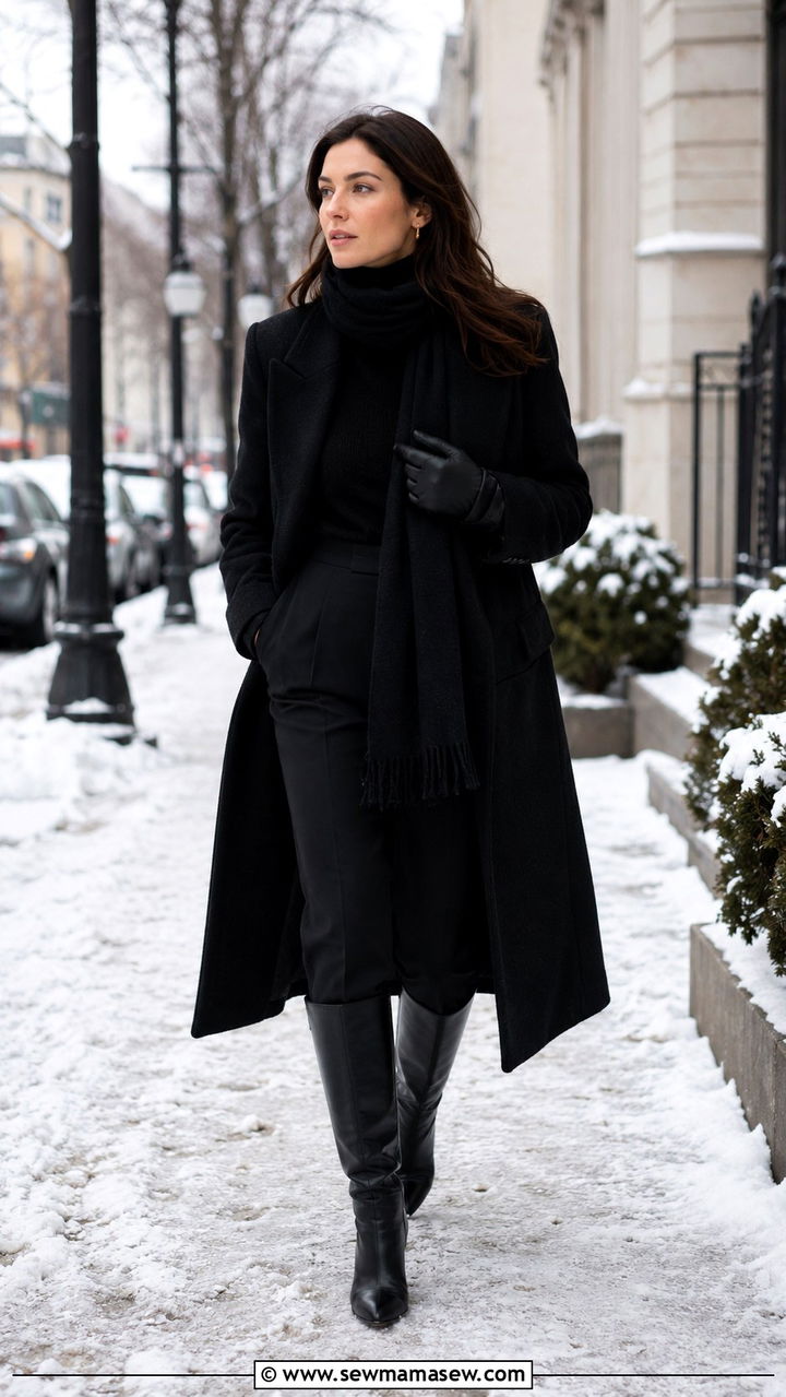All Black Winter Outfit With Long Wool Coat And Layers - 30 Monochromatic black outfits