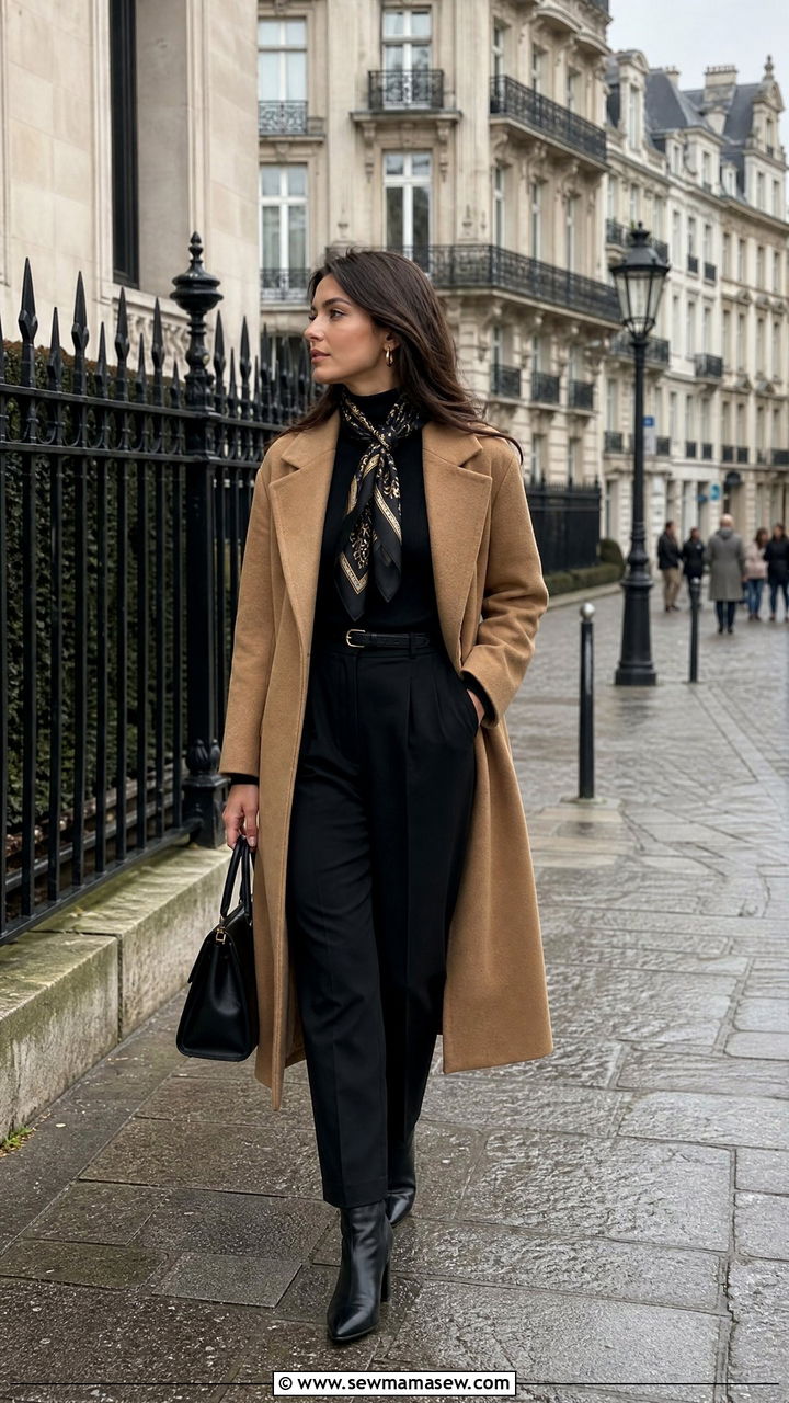 All Black Wool Turtleneck Black Trousers and a Camel Coat - 25 Brussels outfit ideas
