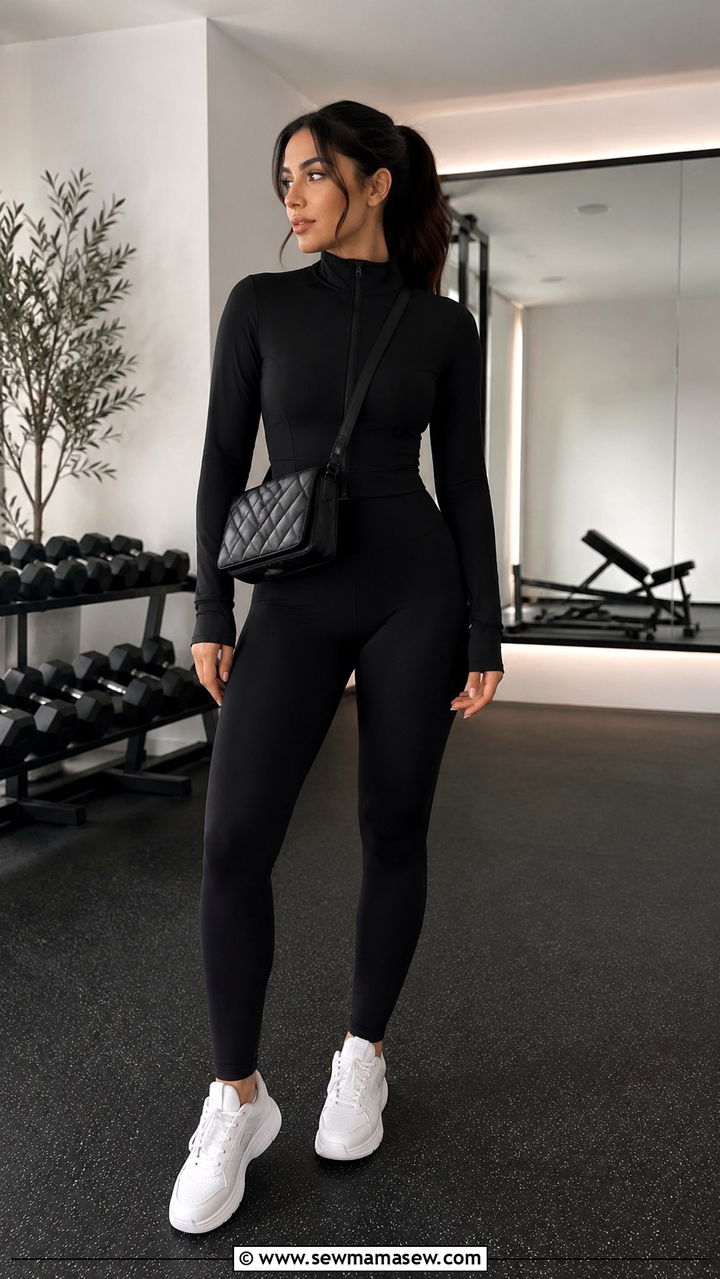 All Black Workout Set with White Sneakers - 30 Modest outfit ideas for gym