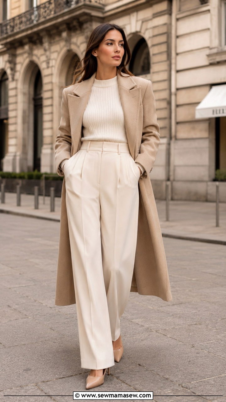All Cream Column Outfit With Camel Coat - 30 Petite outfit ideas to look taller