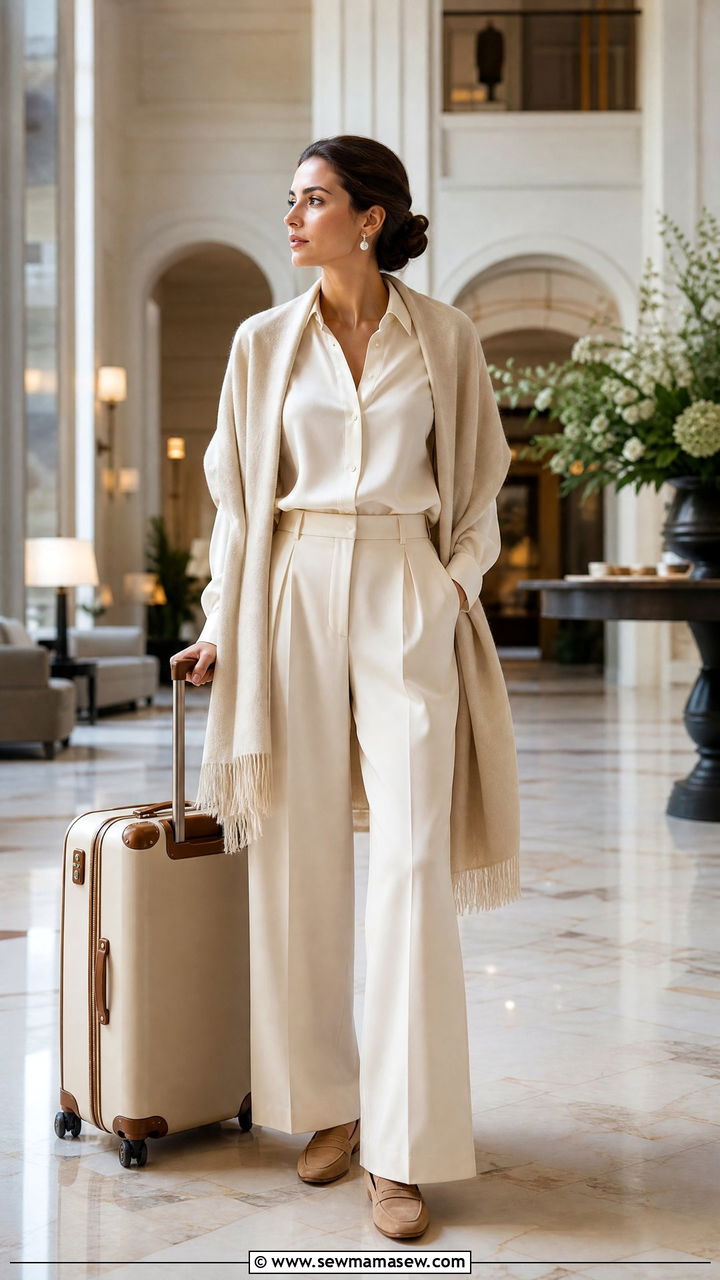 All Cream Ensemble with Cashmere Wrap and Leather Loafers - 25 Old money outfit ideas for travel