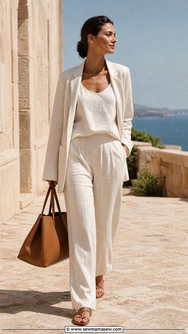 All Cream Linen Blazer With Relaxed Matching Trousers - 25 Quiet luxury outfit ideas The Row style