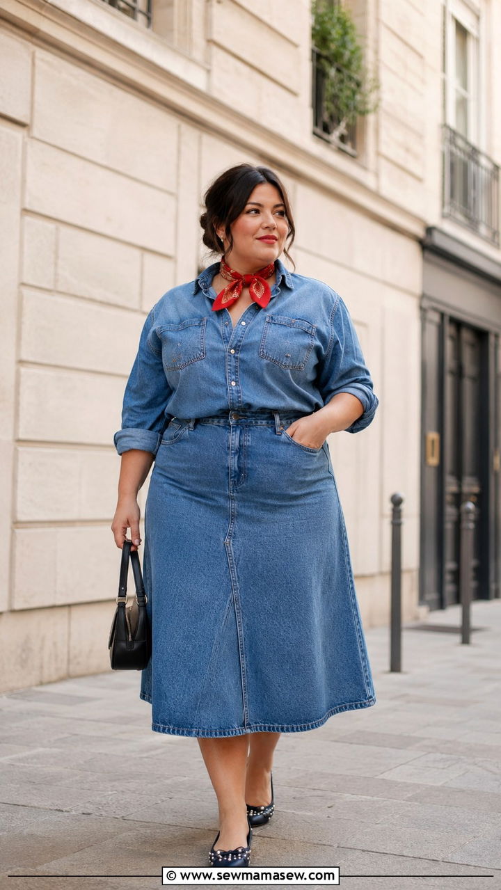 All Denim Ensemble with A Line Midi Skirt - 25 Plus size outfit ideas Parisian