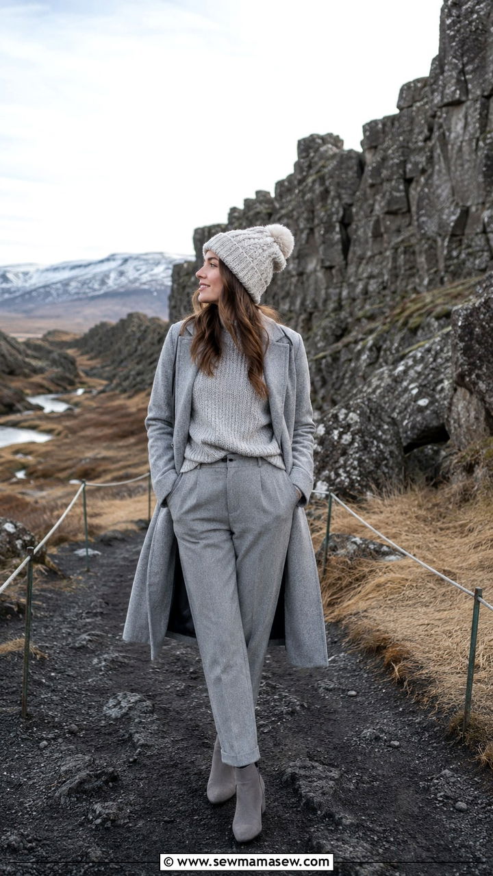 All Grey Monochrome Look with Fuzzy Beanie and Ankle Boots - 30 Iceland outfit ideas