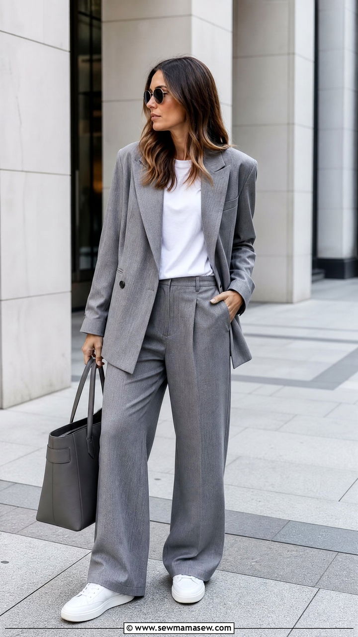 All Grey Tonal Suit With White Sneakers - 35 Minimalist work outfits