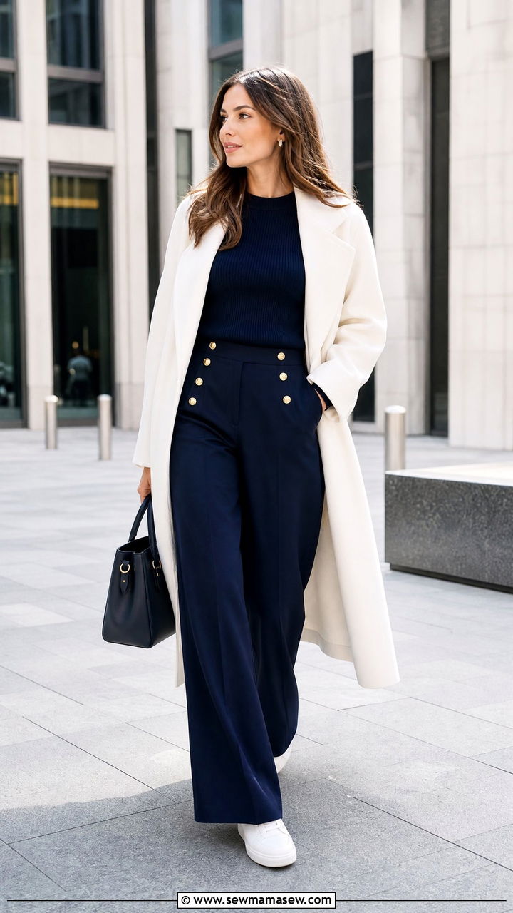 All Navy Ensemble With Gold Button Trousers and Oversized White Coat - 25 Caroline de Maigret outfit ideas