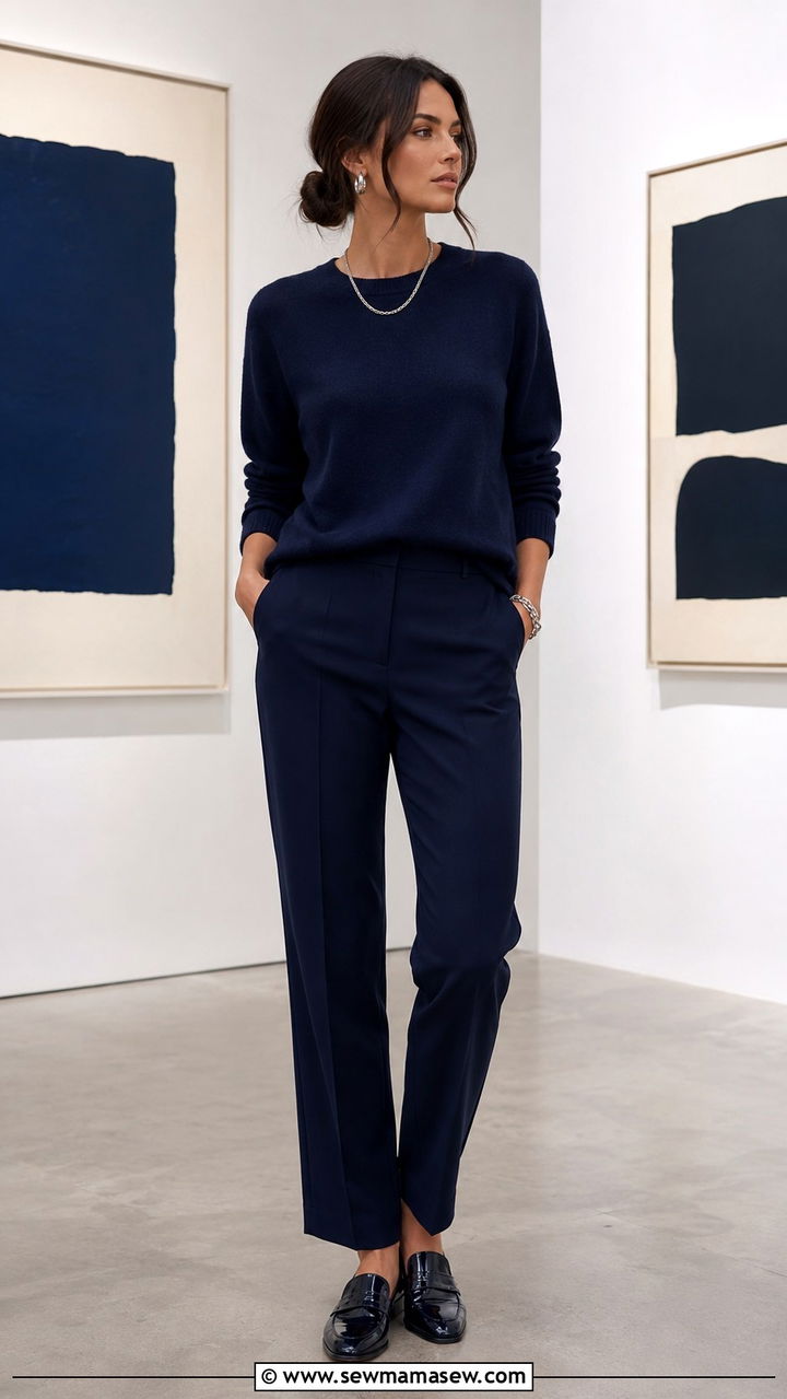 All Navy Monochrome Knit and Trousers Outfit - 30 navy outfit ideas for women