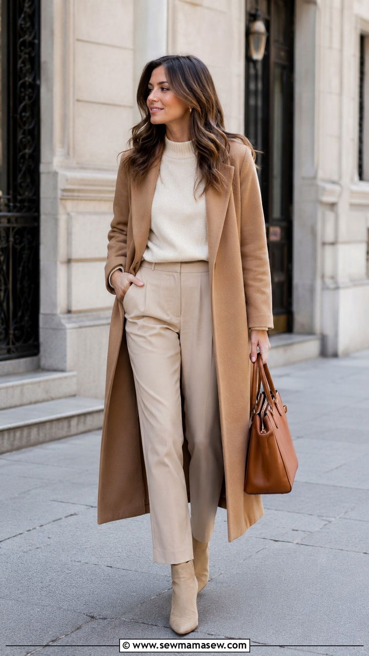 All Neutral Look with a Long Wool Coat - 25 Monday work outfit ideas