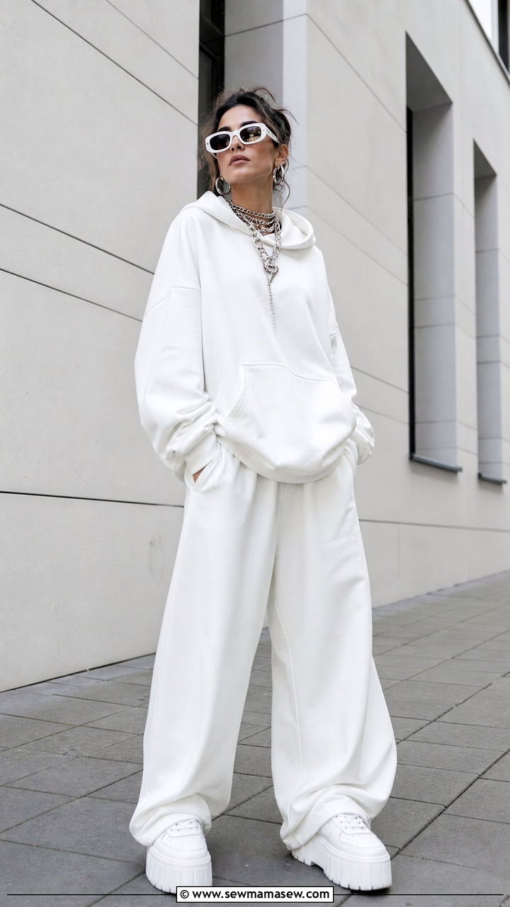 All White Baggy Ensemble With Chunky Silver Jewelry - 35 Billie Eilish concert outfit ideas