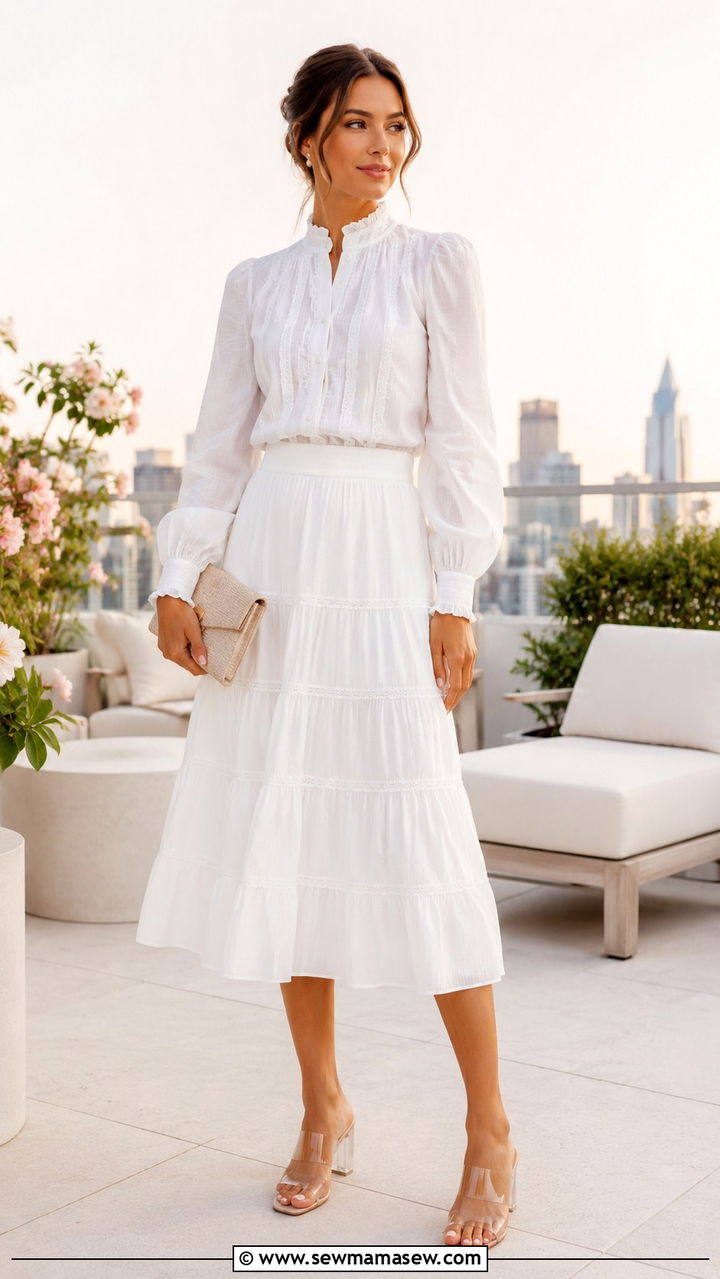 All White Blouse With Midi Skirt And Clear Heeled Sandals - 30 modest girls night out outfit ideas