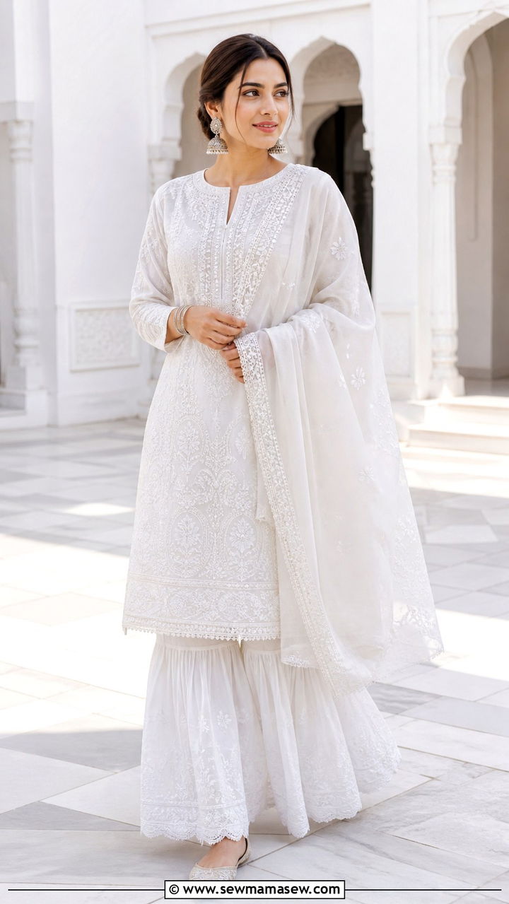 All White Chikankari Kurta And Gharara - 40 Eid outfit ideas for women