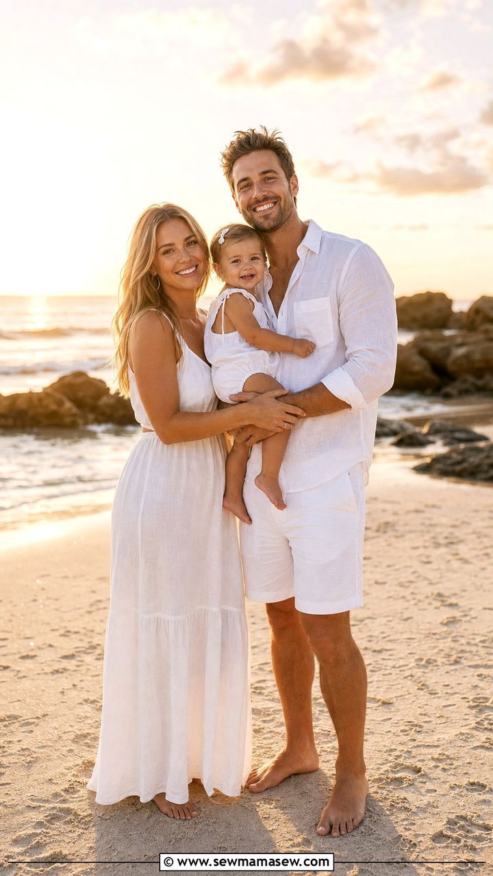 All White Coordinated Family Outfit With Toddler Barefoot Shots - 25 Family photo outfit ideas with toddler