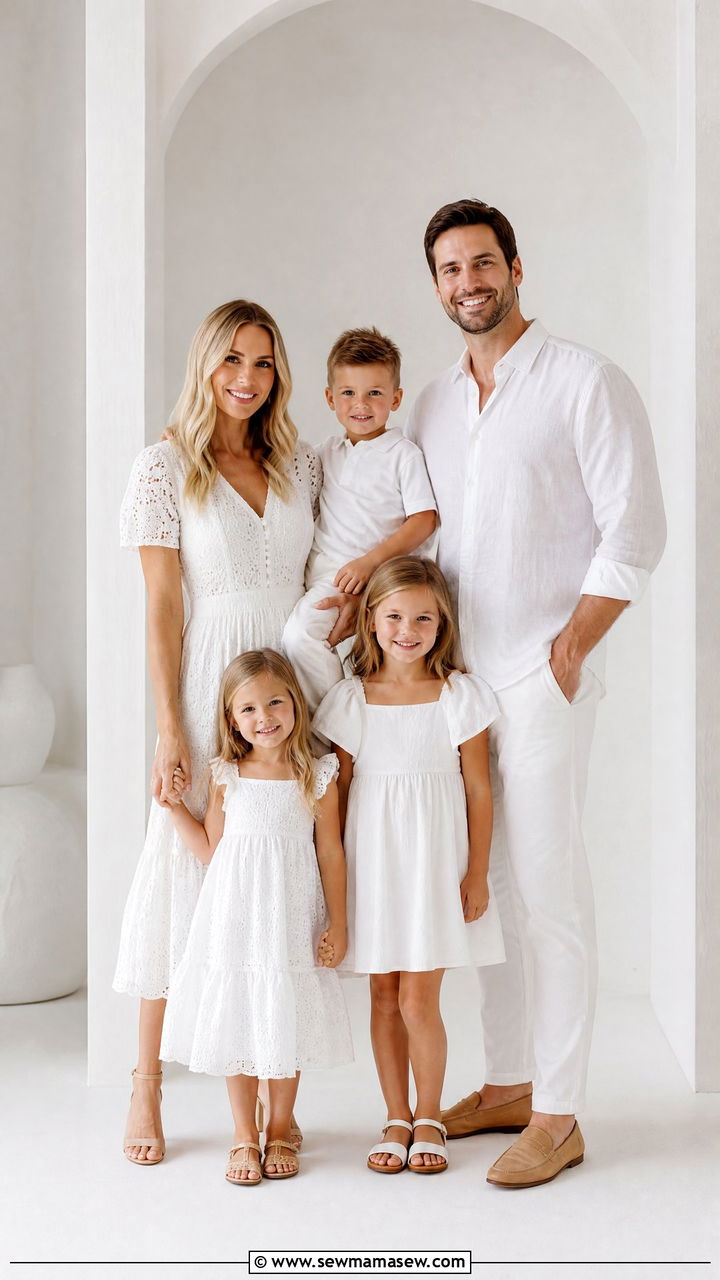 All White Coordinated Family Photo Look - 30 Elegant family photo outfit ideas