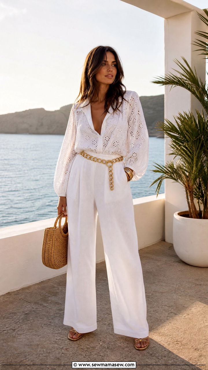 All White Ensemble With Gold Accessories - 35 Ibiza vacation outfit ideas