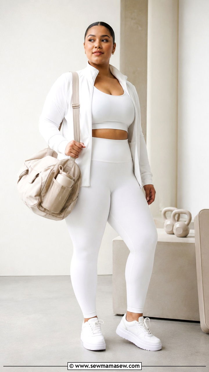 All White Gym Ensemble with Beige Accessories - 30 Gym outfit ideas plus size